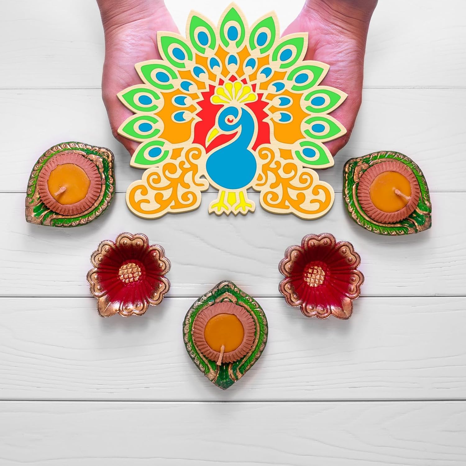 4 Pcs Wooden DIY Rangoli Stencils 11.8 Inch – Mandala, Lotus, Elephant, Peacock Templates for Diwali Decoration